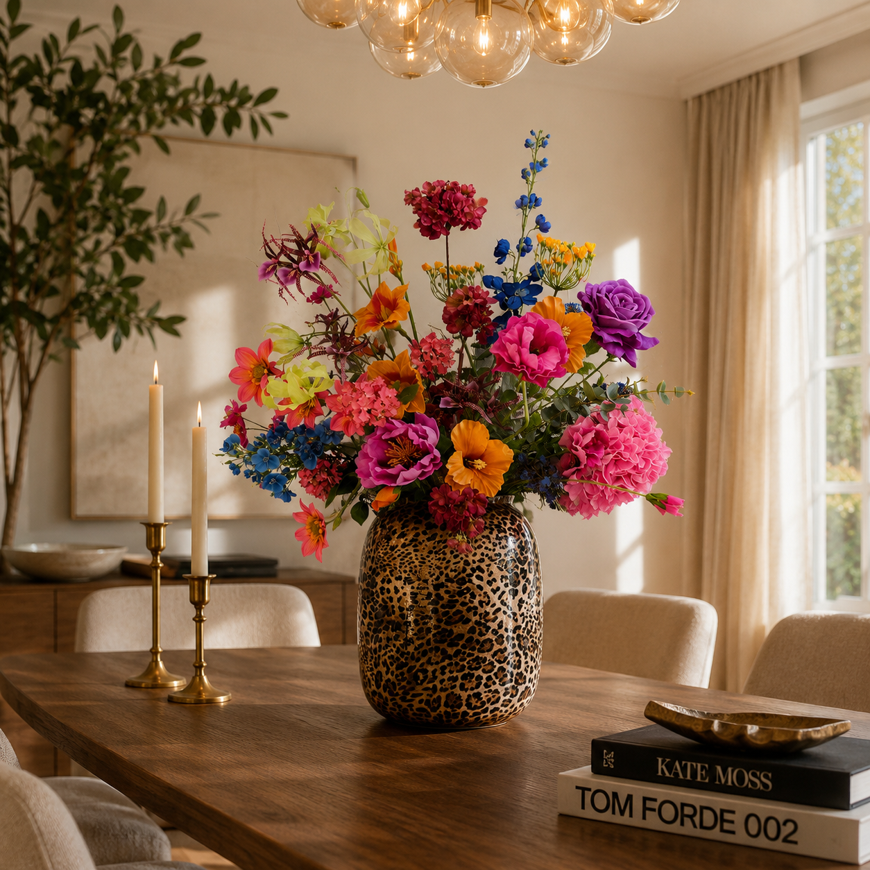 Kleurrijk zijden boeket in pantervaas op houten eettafel in een lichte woonkamer