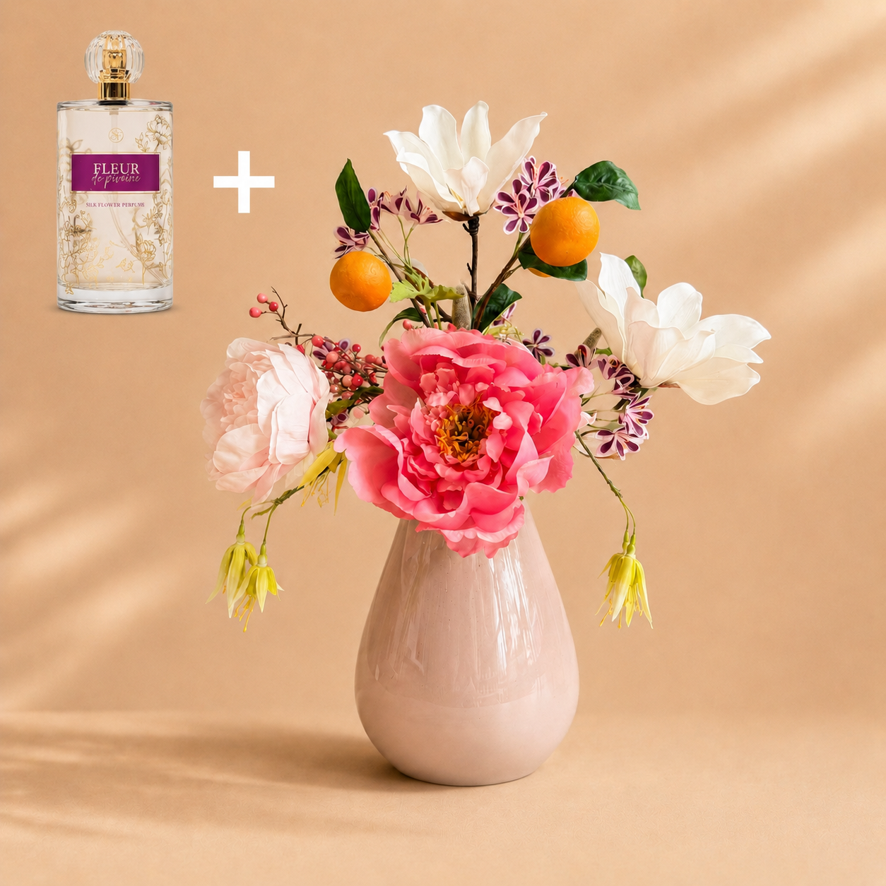 Zijdenboeket Fleur de pivoine Bundel - incl beige vaas en parfum
