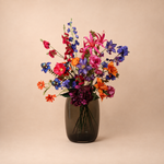 Zijden boeket Midnight Royaal met fuchsia, oranje en diepblauwe bloemen
