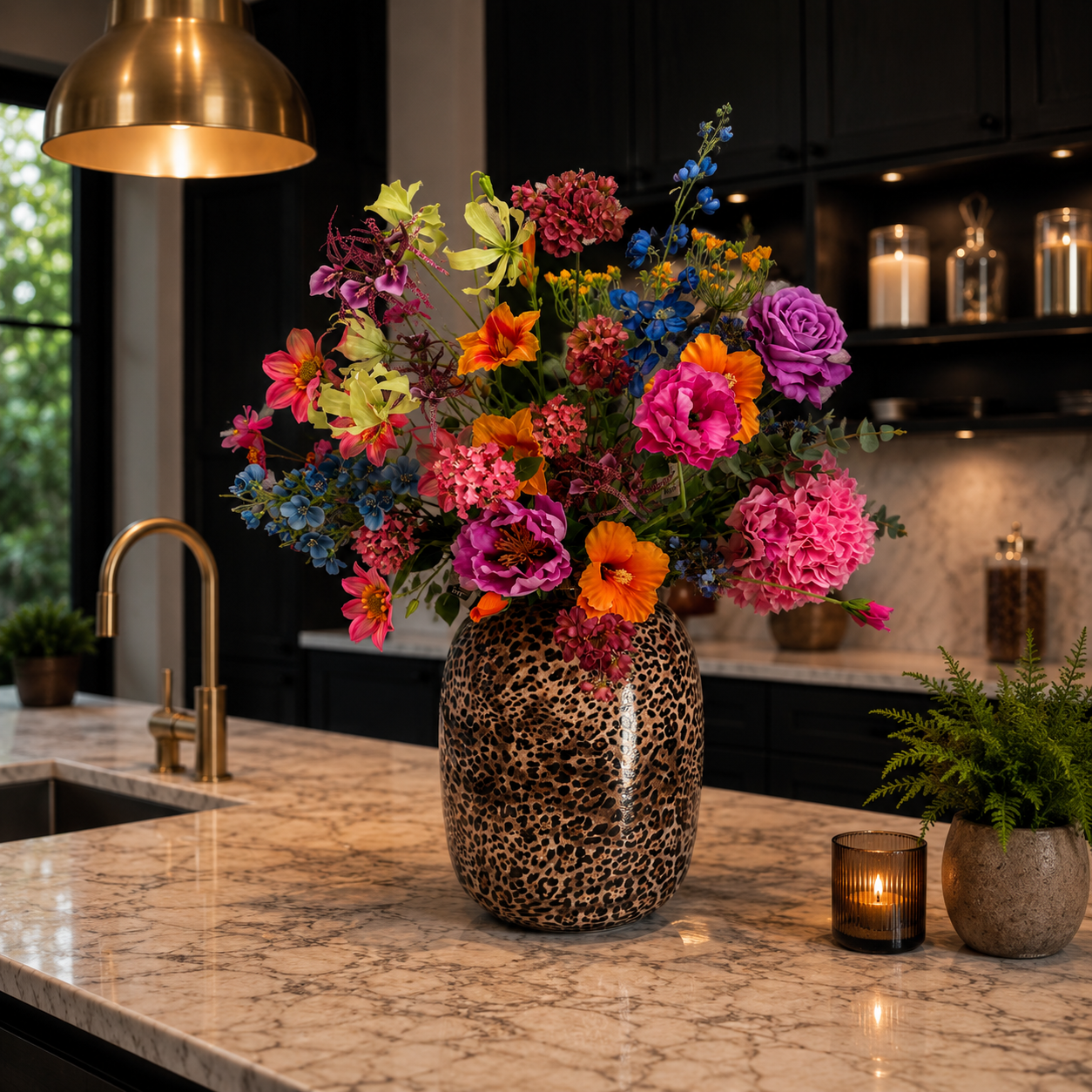 Kleurrijk zijden boeket met roze, oranje en blauwe bloemen in pantervaas op marmeren kookeiland