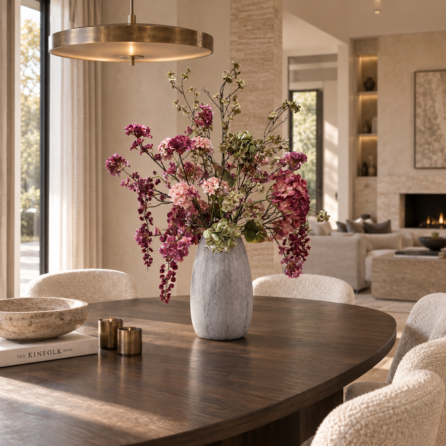 Detail van levensechte zijden bloemen in boeket Burgundy Chic