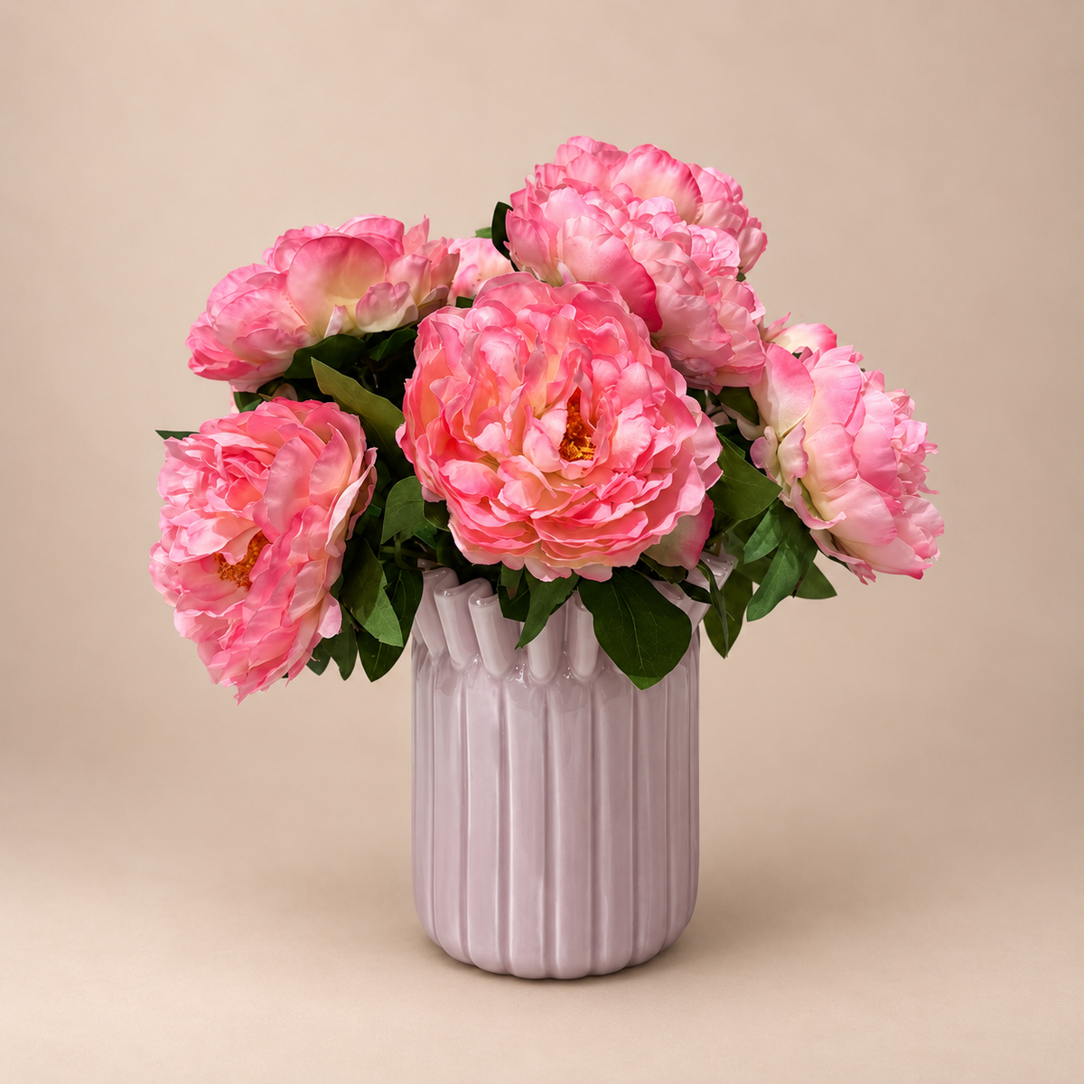 Zijden pioenrozen met roze vaas – 30 cm