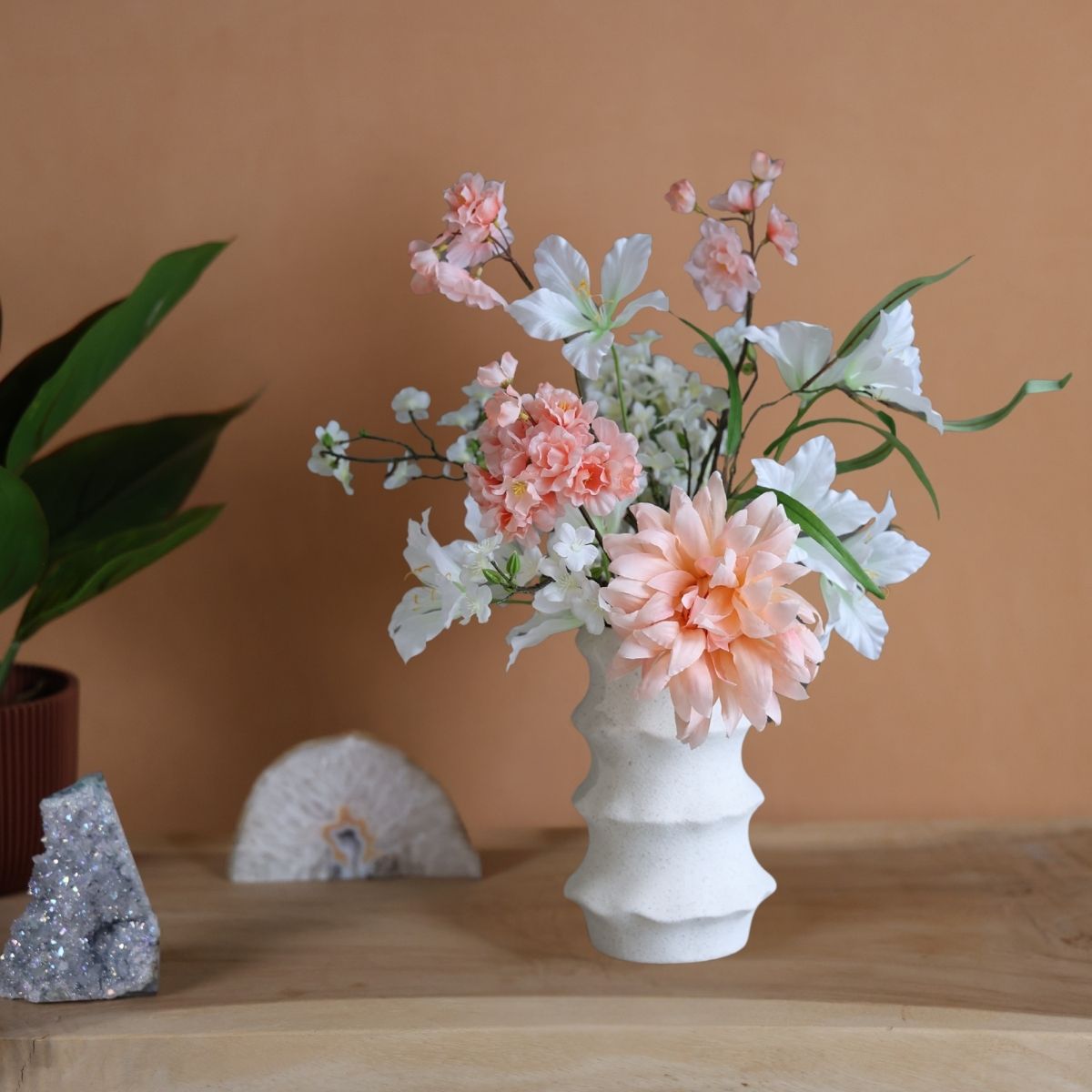 Zijden boeket - Mini Peach inclusief vaas.