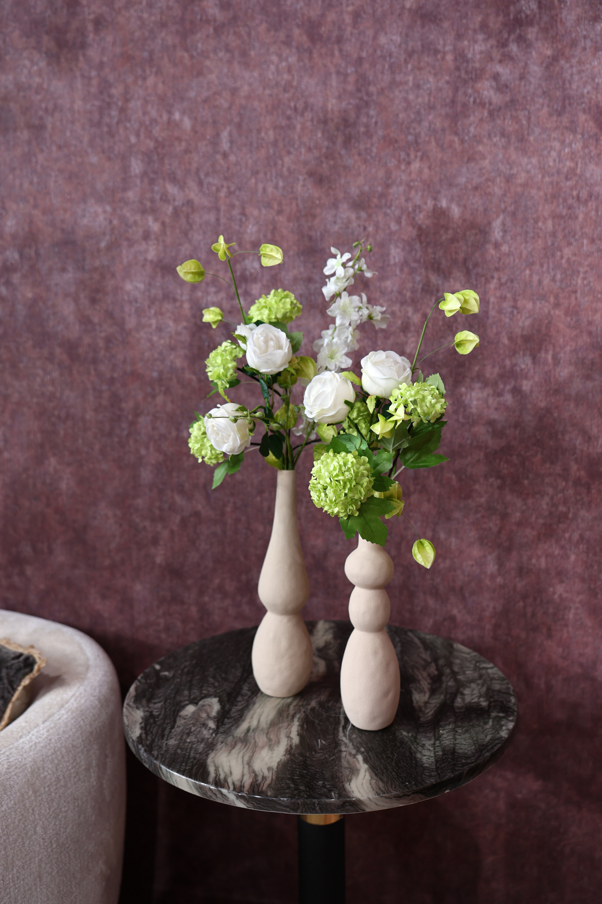 Zijdenboeket set Ivory dreams- incl vaas - Kunstbloemen boeket - zijden bloemen
