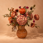 Zijden herfstboeket Amber Glow inclusief oranje vaas