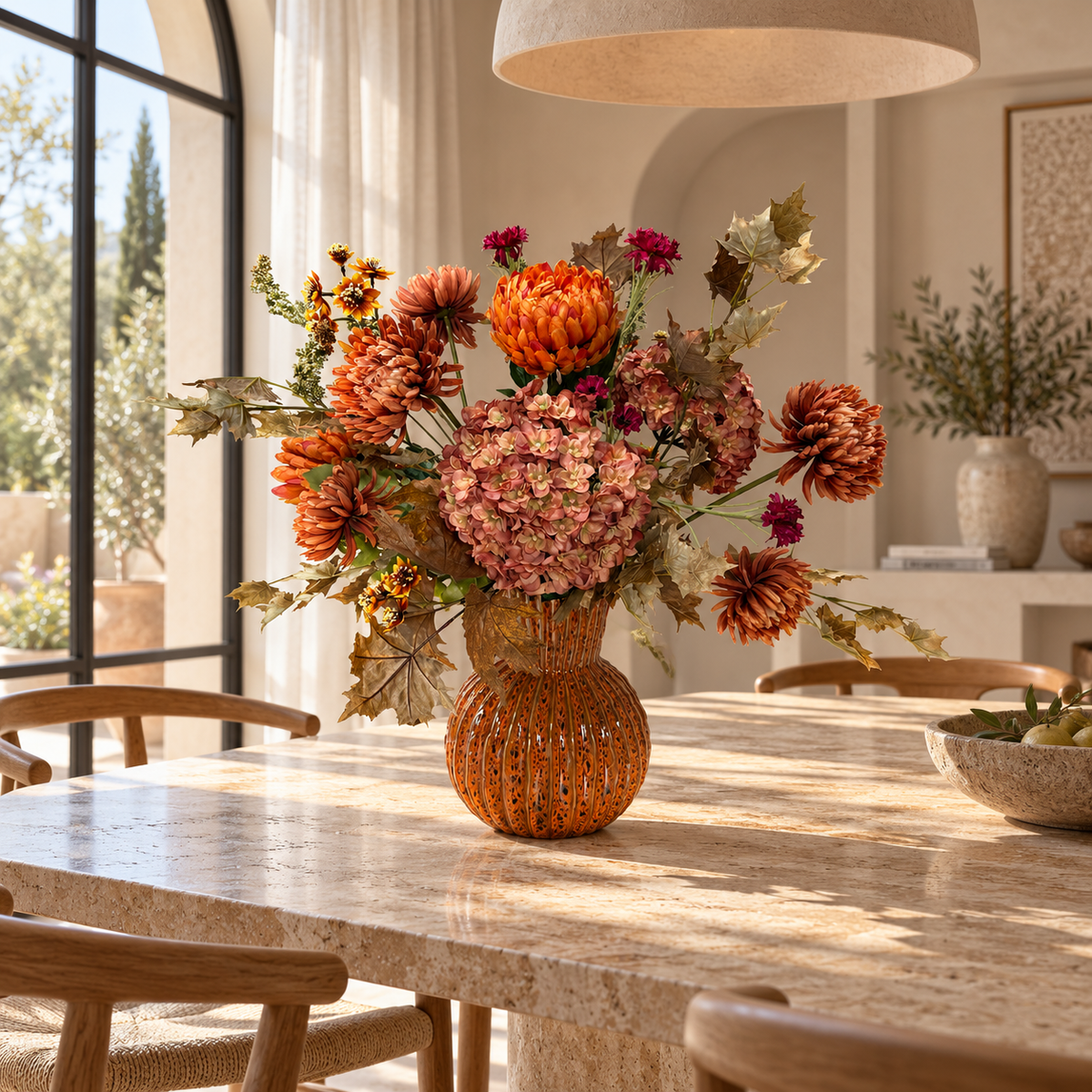 Herfstboeket Amber Glow op een travertin eettafel