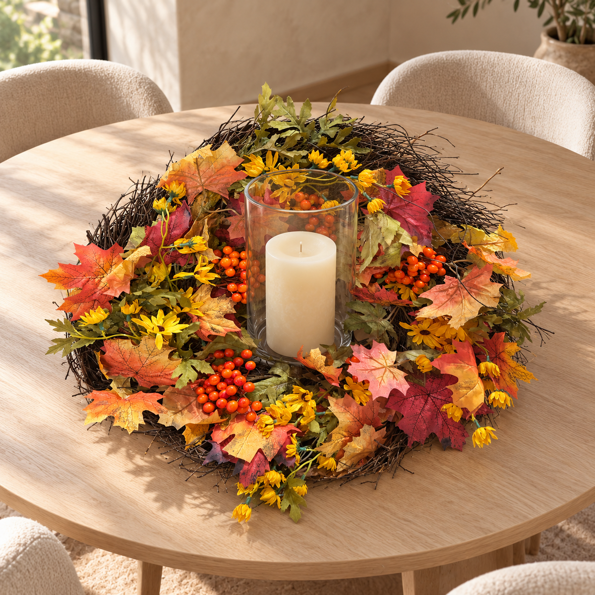 Herfstkrans Autumn Berry als tafeldecoratie met glazen windlicht