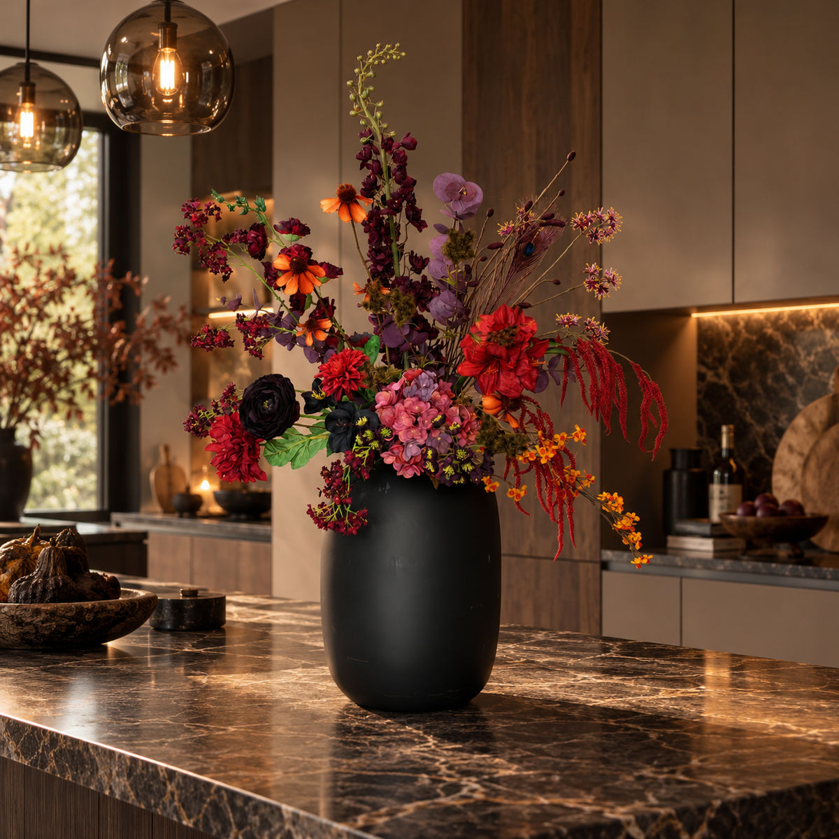 Autumn Luxueus zijden boeket in een warme donkere keuken