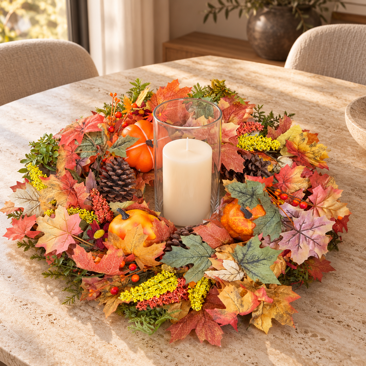 Herfstkrans Maple Pumpkin als tafeldecoratie met glazen windlicht