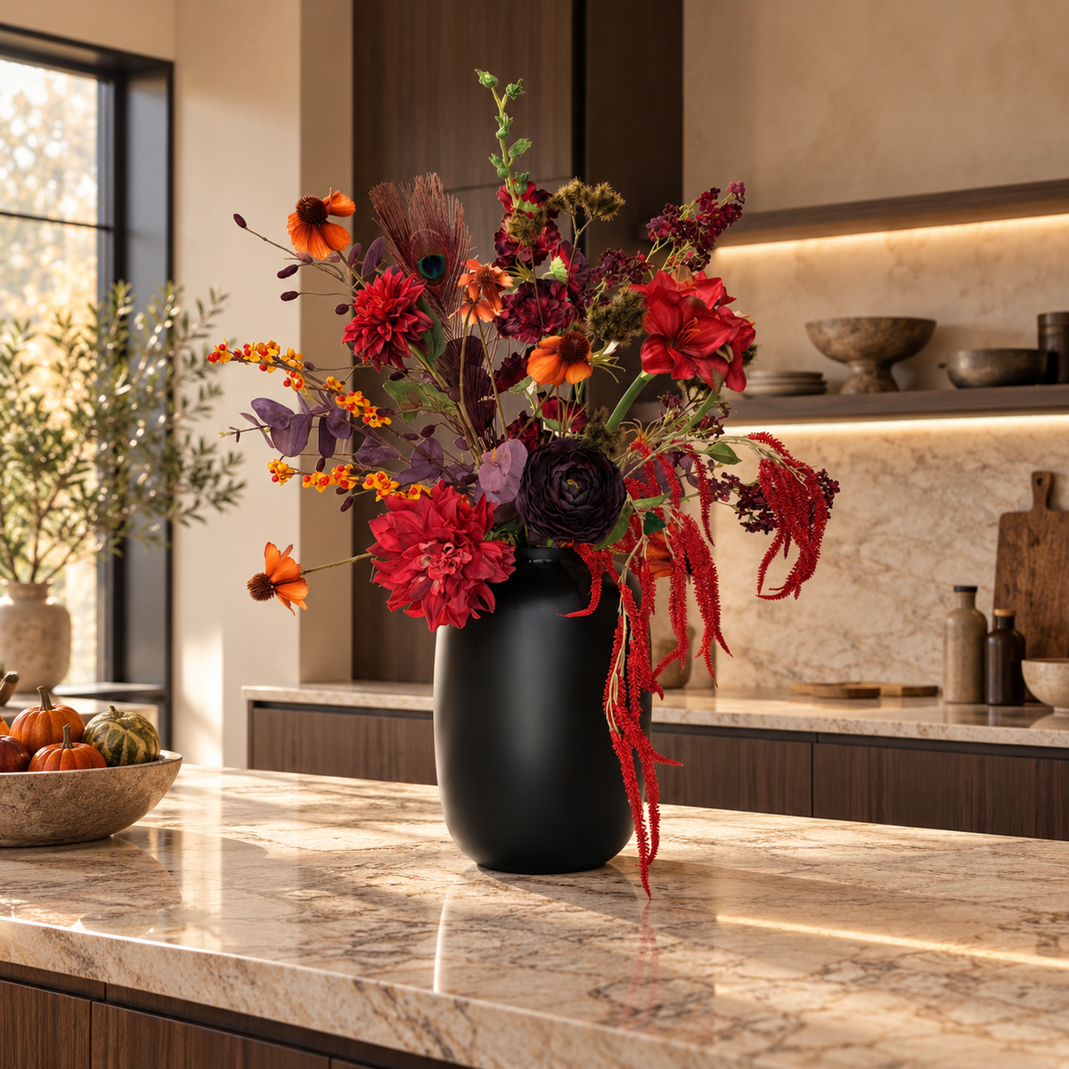 Autumn Royaal zijden herfstboeket in een luxe warme keuken