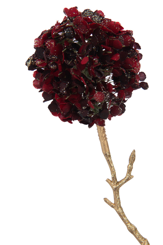 Branch 2 Flowers Pompoms Plastic Red/Gold Small