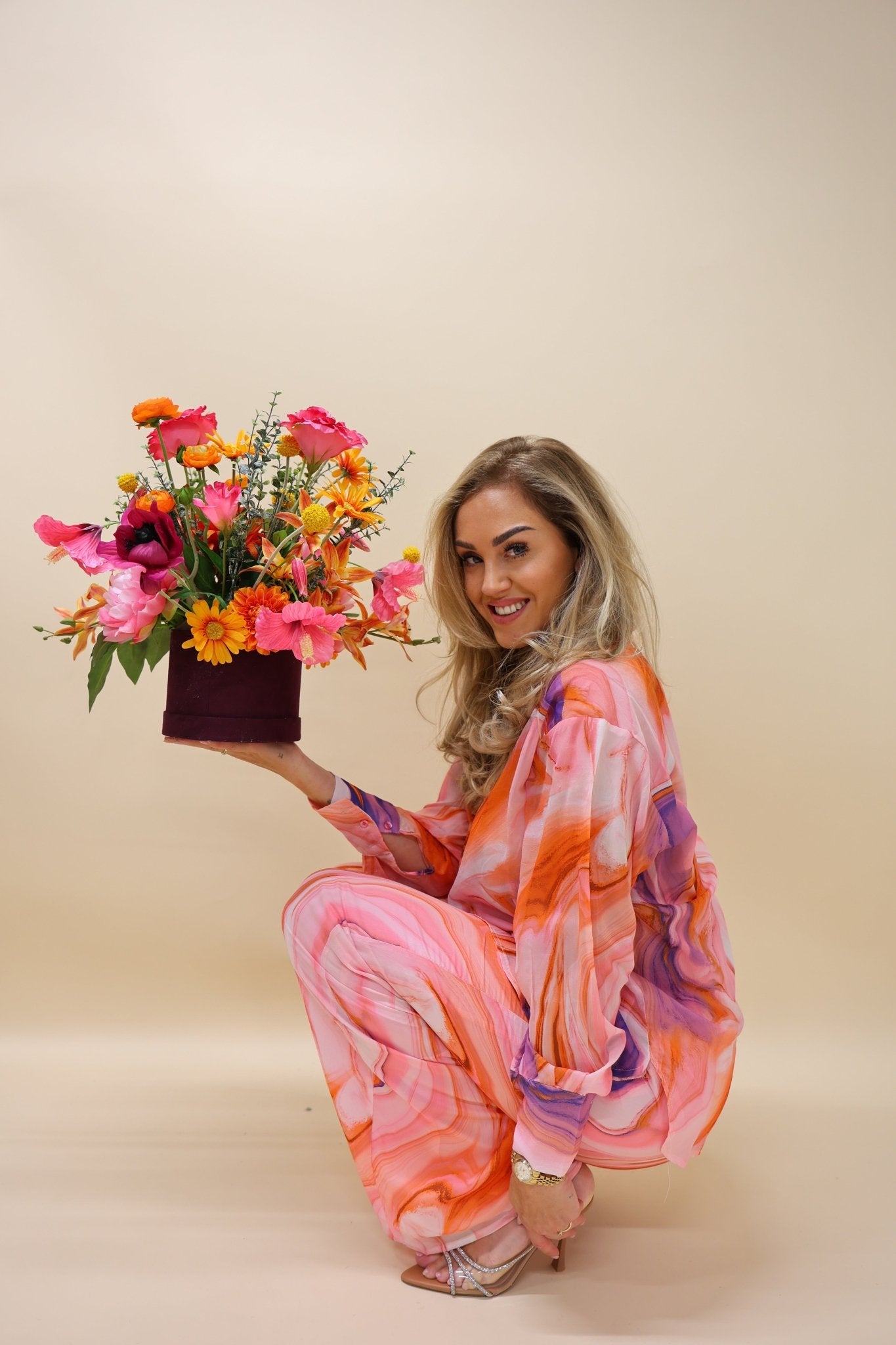 Flowerbox - Sunset Glow - Luxe zijden bloemen boeket - Kunstbloemen van Sharon Flowers