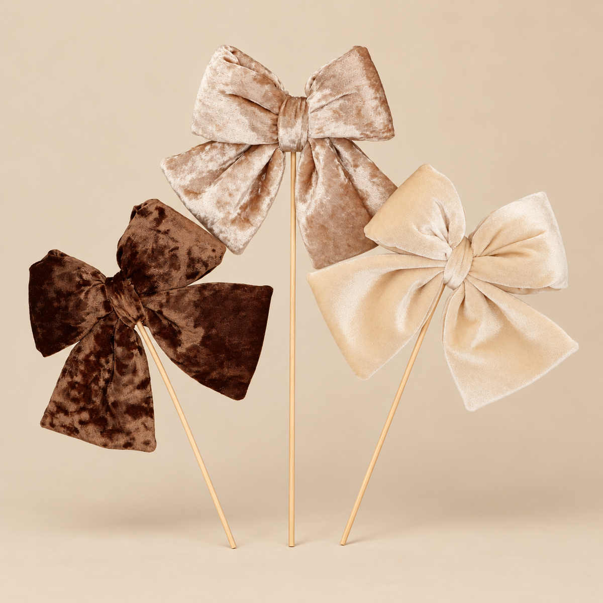 Fluwelen kerststrik op stok in bruin champagne en beige