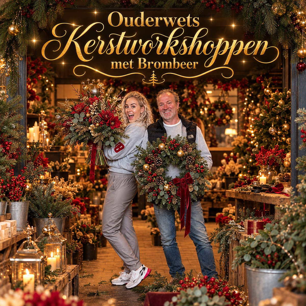 Sharon en Brombeer met kerstkransen tussen kerstdecoraties voor de kerstworkshop in Purmerend