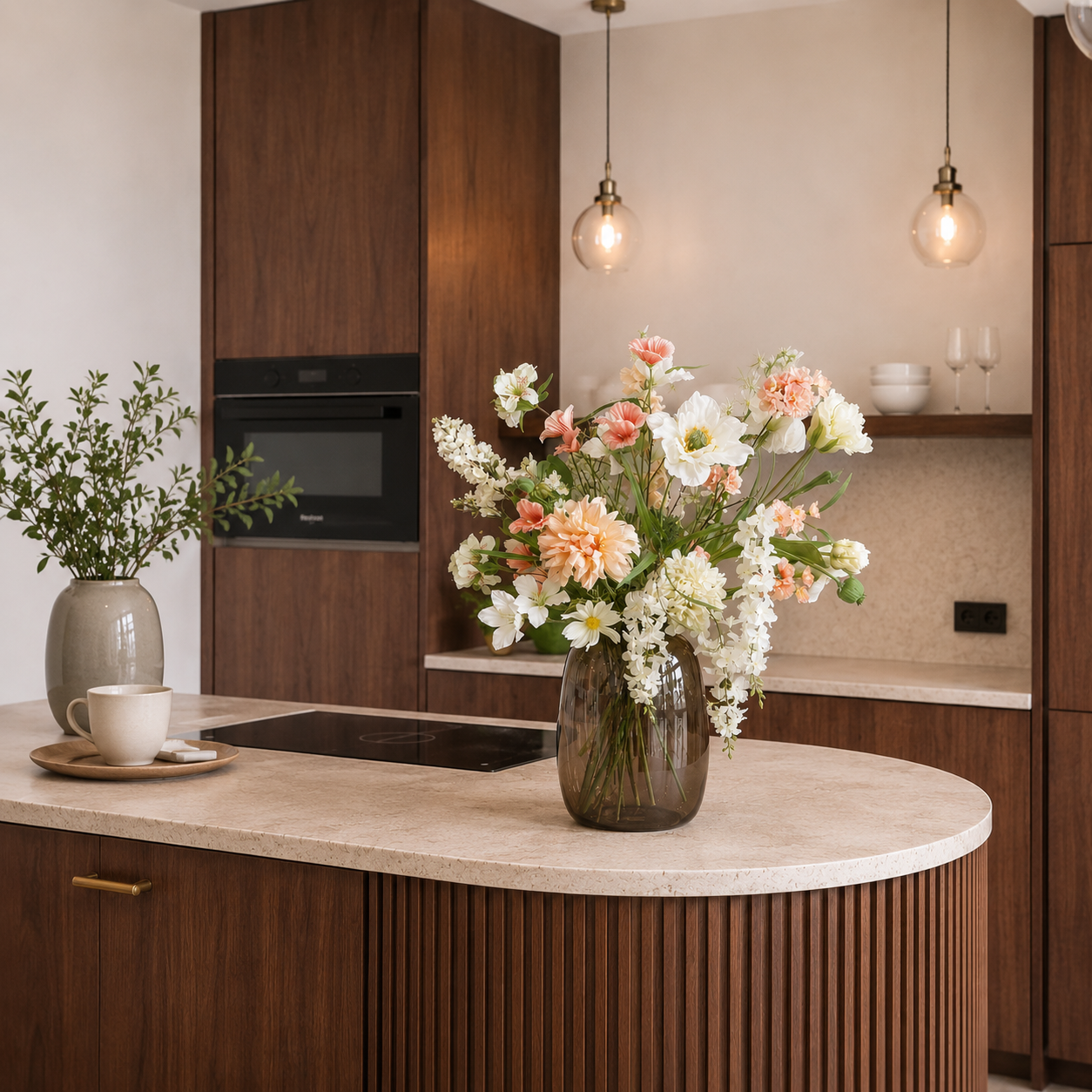 Luxe kunstbloemen in glazen vaas als stijlvolle woondecoratie.