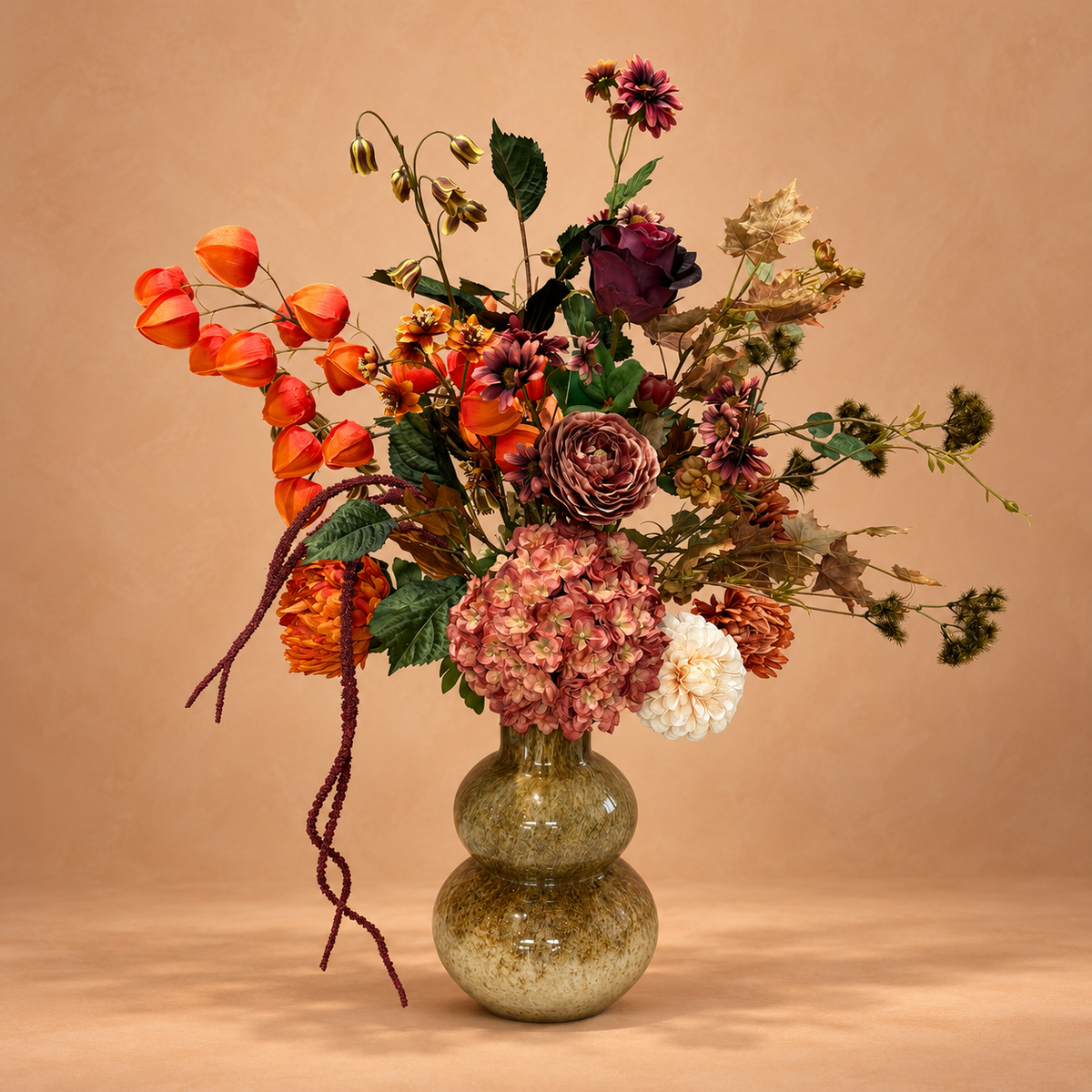 Zijden herfstboeket Autumn Lantern inclusief vaas