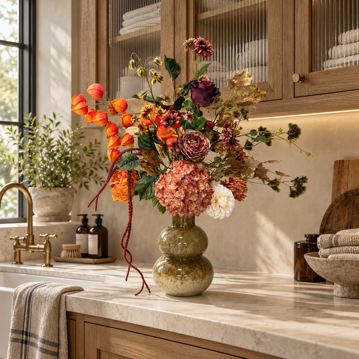 Herfstboeket Autumn Lantern in een luxe bijkeuken