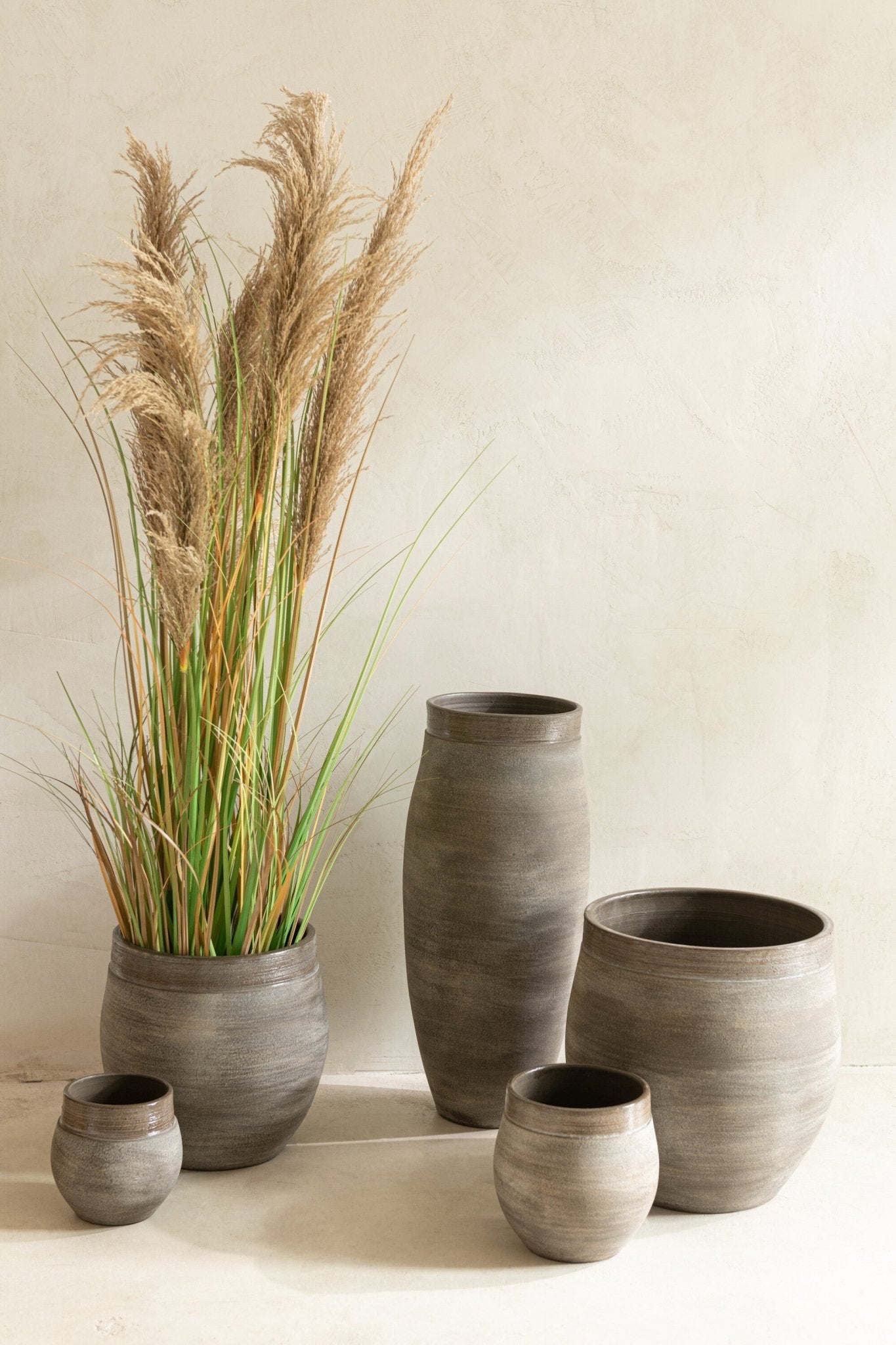 Pampas Grass 5 Heads In Pot Pvc Green/Beige Small - Luxe zijden bloemen boeket - Kunstbloemen van Sharon Flowers