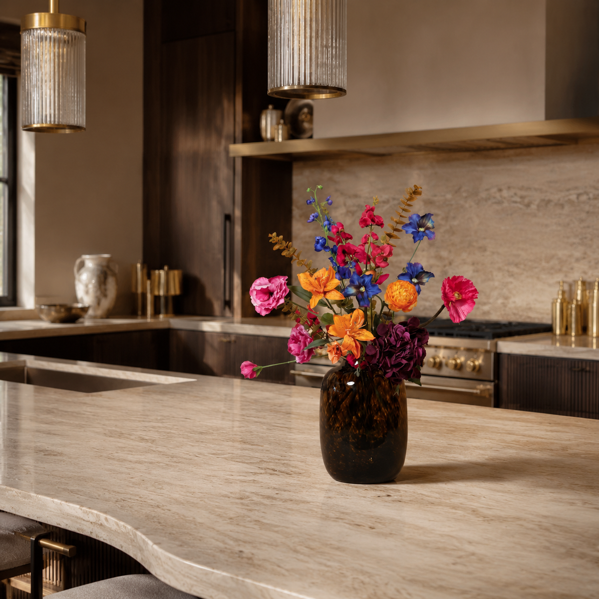 Realistisch luxe zijden boeket van Sharon Flowers in stijlvolle vaas