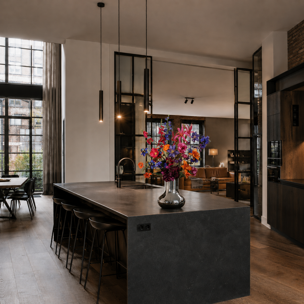 Luxe zijden bloemen uit de Sunset collectie van Sharon Flowers in stijlvolle woonsetting