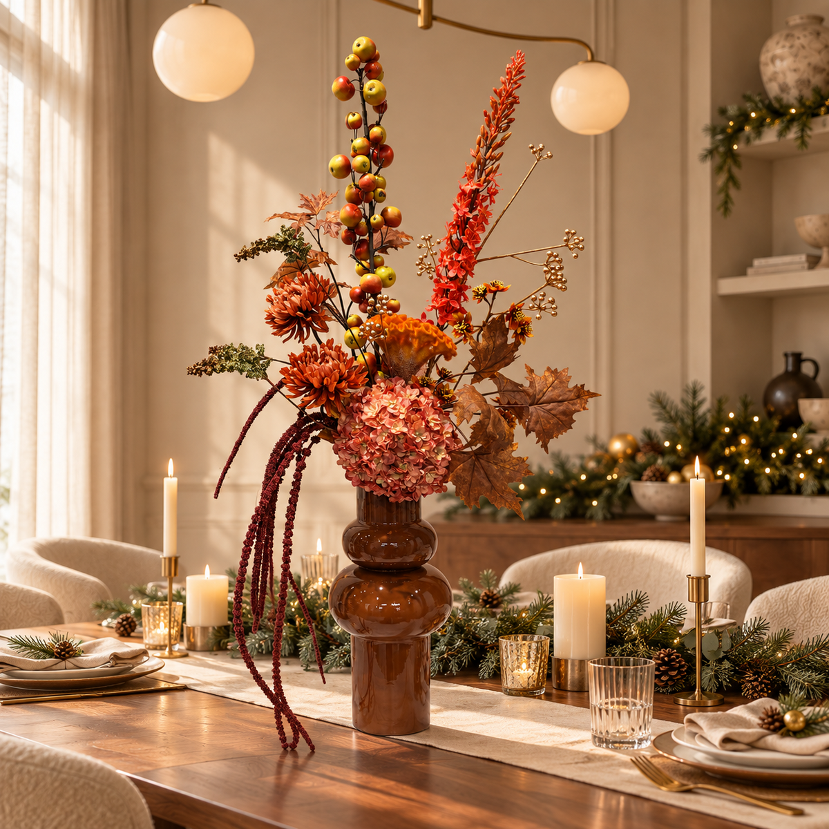 Oranje-roze zijden herfstboeket met bordeaux hangende takken in bruine vaas op een kersttafel
