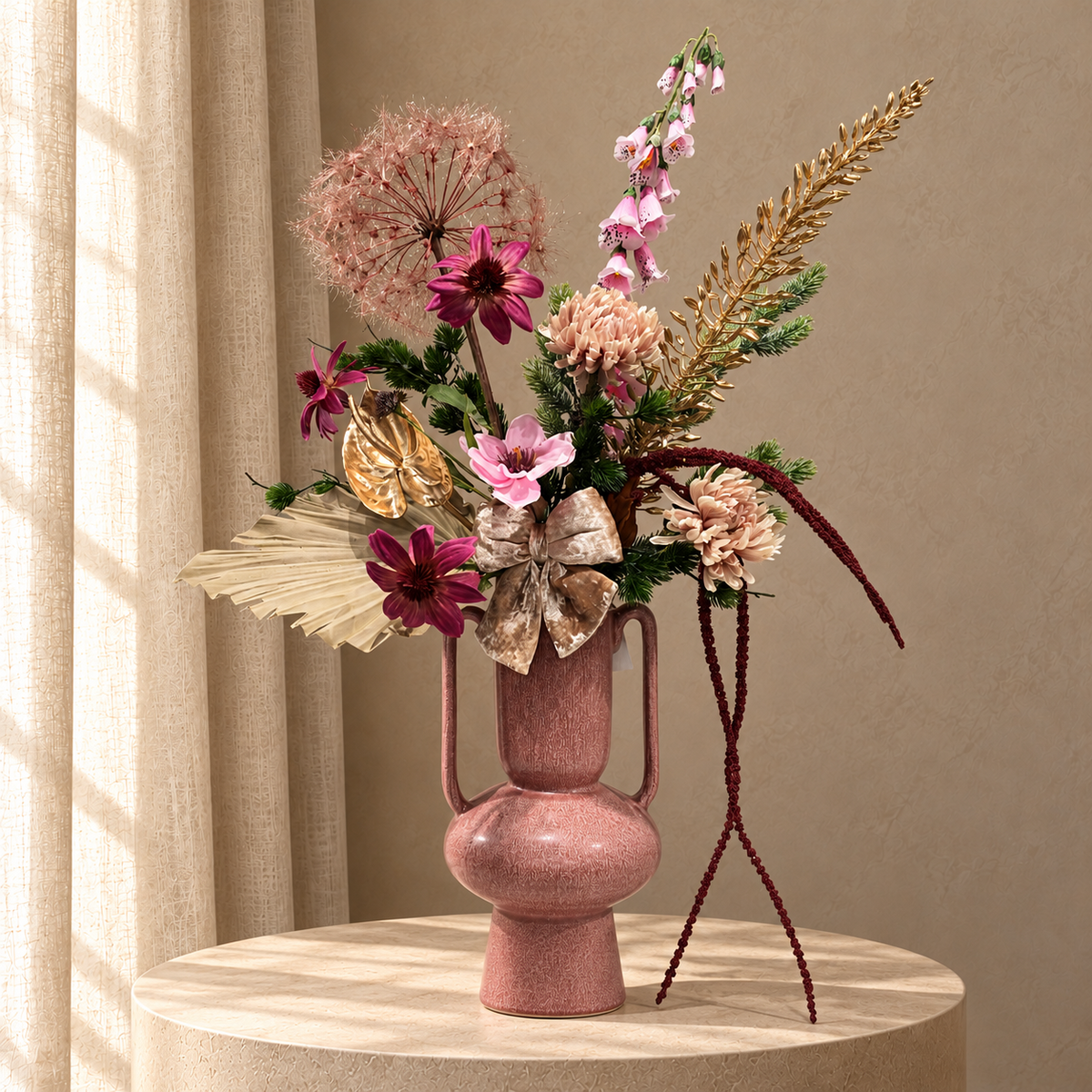 Blush Celebration: roze en paars zijden boeket met goudkleurige accenten, beige strik en bordeaux hangende takken in roze vaas met oren, op beige studioachtergrond