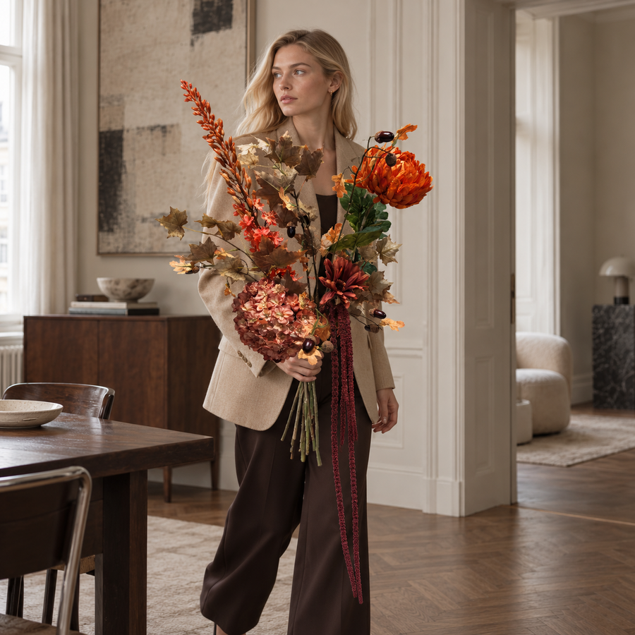 Gouden en bordeaux details van het zijden kerstboeket