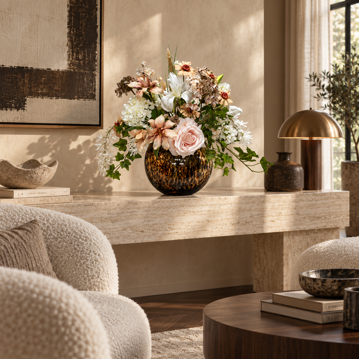 Champagne Blush zijden boeket met vaas op travertin console