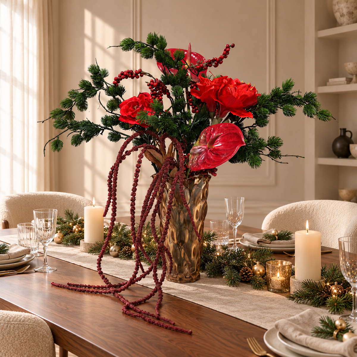 Crimson Cascade met rode bloemen en wintergroen in een bronskleurige vaas op een gedekte kersttafel