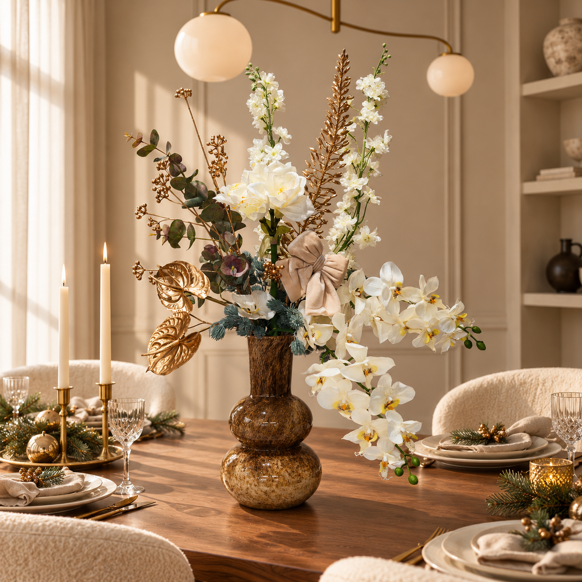 Wit-gouden zijden boeket met beige strik in bruine vaas op een gedekte kersttafel