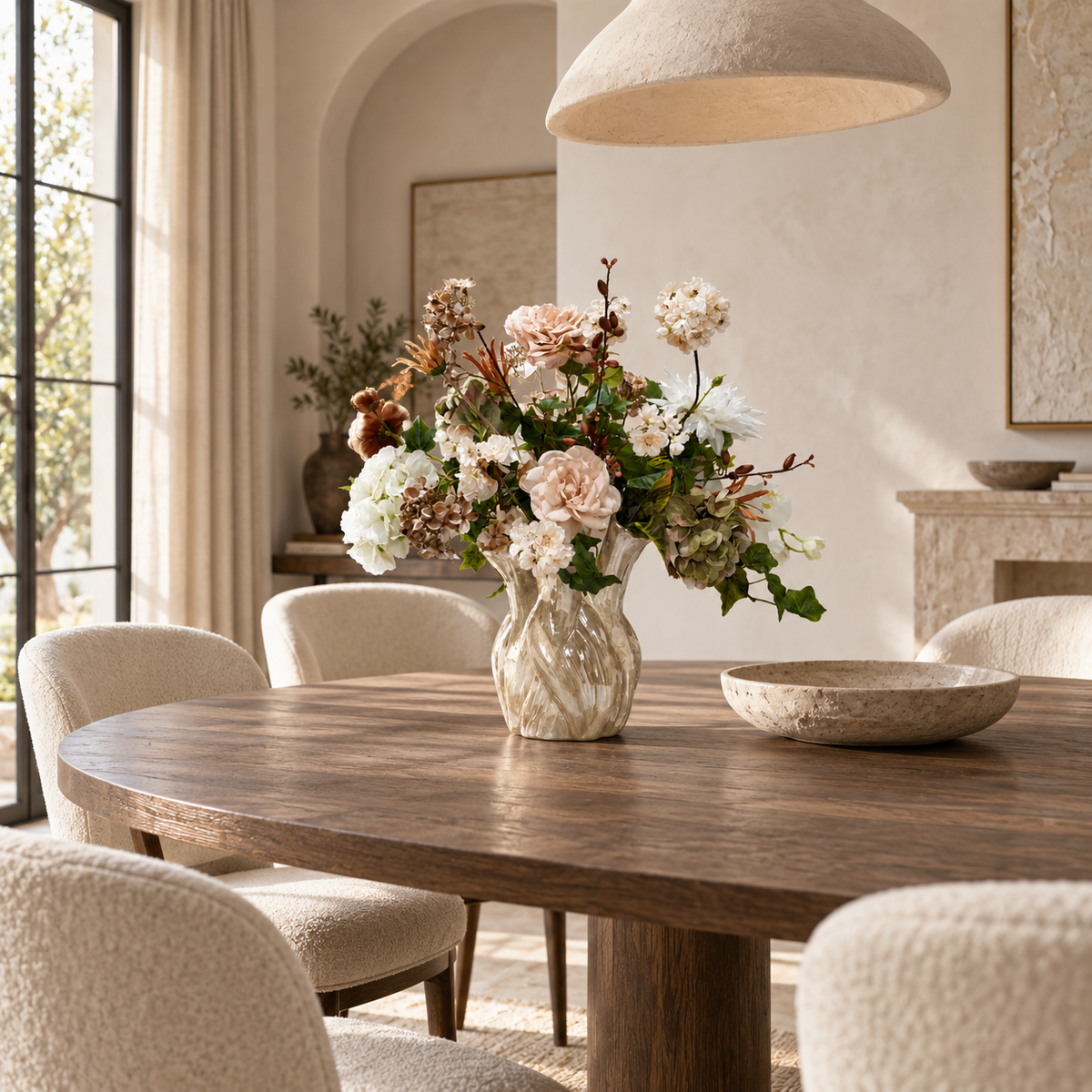Ivory Bloom zijden boeket met vaas in luxe eetkamer