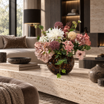 Peach Romance zijden boeket met vaas in hotel chique woonkamer