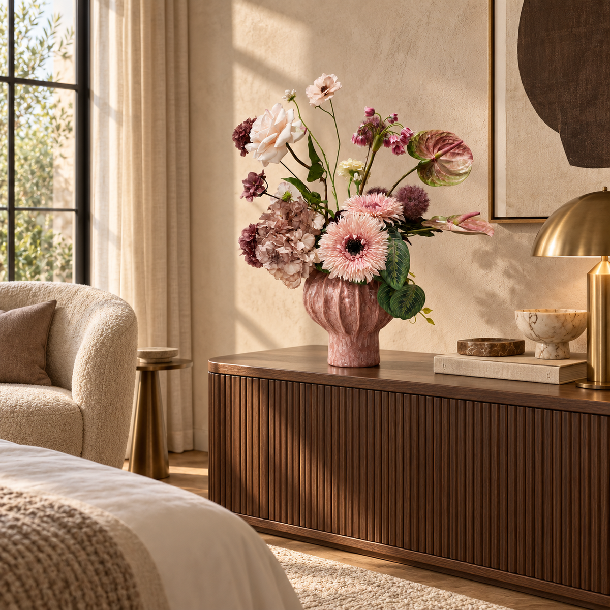 Rose Atelier zijden boeket met vaas in luxe hotelsuite