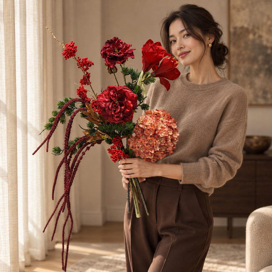 Detail van levensechte zijden kerstbloemen