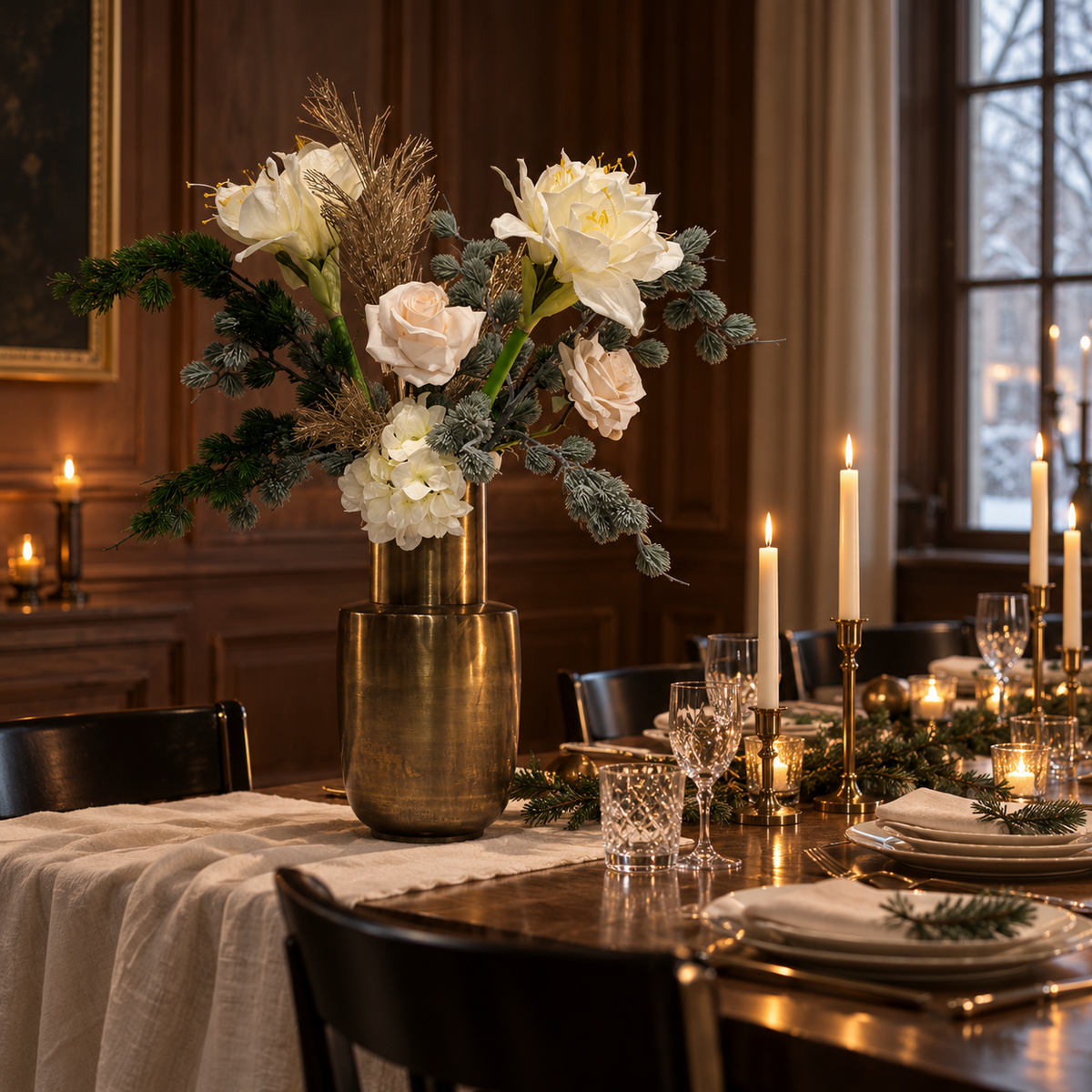 Zijden kerstboeket in een feestelijk interieur