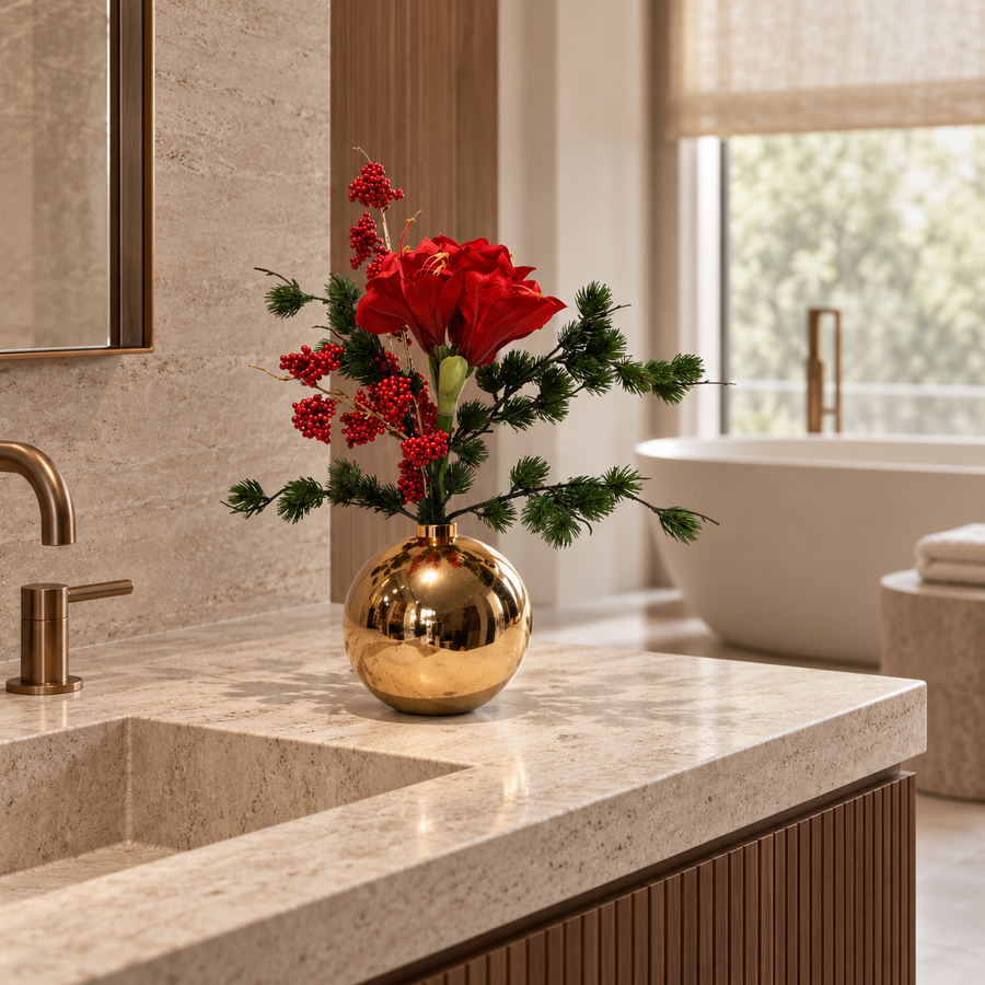 Gouden en bordeaux details van het zijden kerstboeket