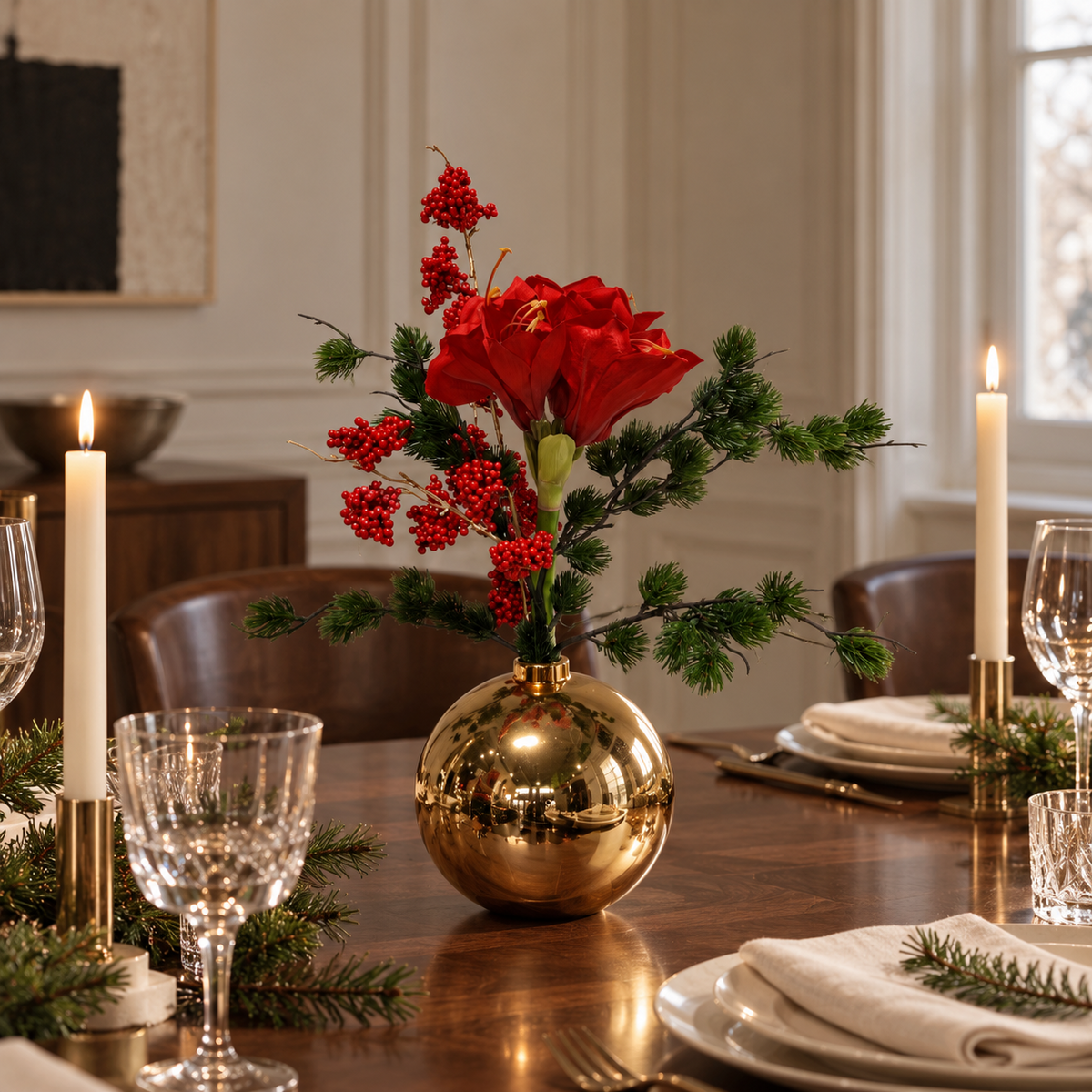 Ruby Glow met rode amaryllis en wintergroen in gouden bolvaas op een gedekte kersttafel