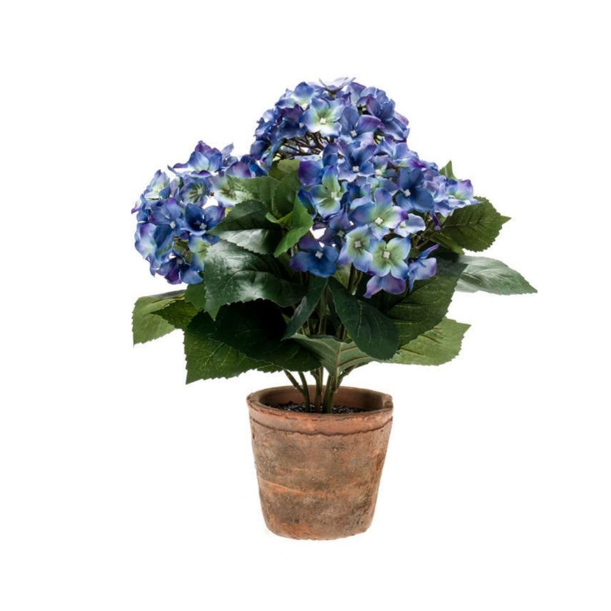 Hortensia zijden buitenplant donkerblauw 40cm met terracotta pot