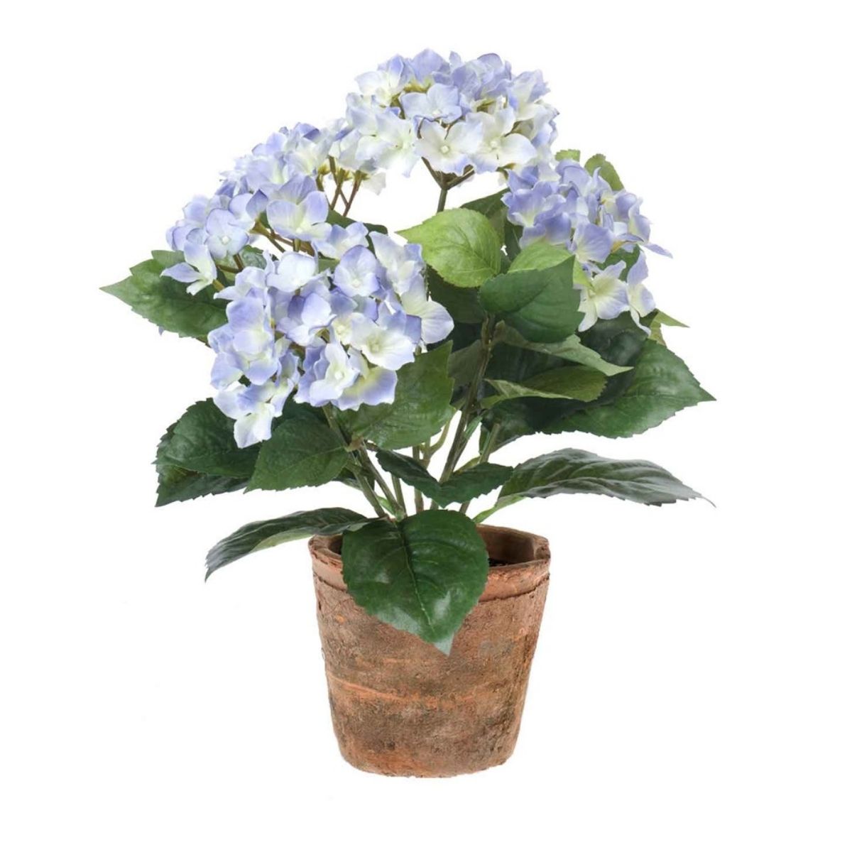 Hortensia zijden buitenplant lichtblauw 40cm met terracotta pot
