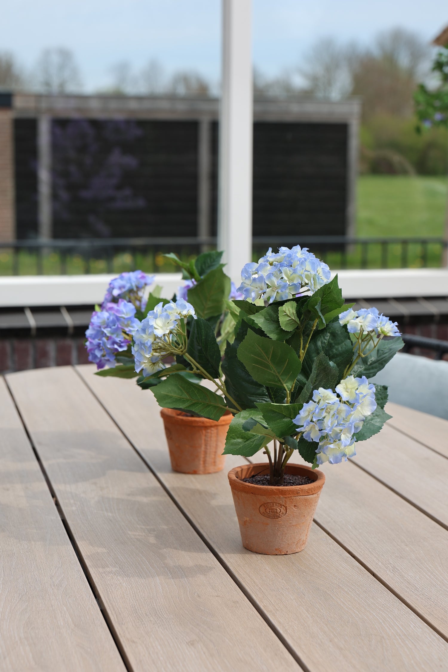 Hortensia zijden buitenplant donkerblauw 40cm met terracotta pot