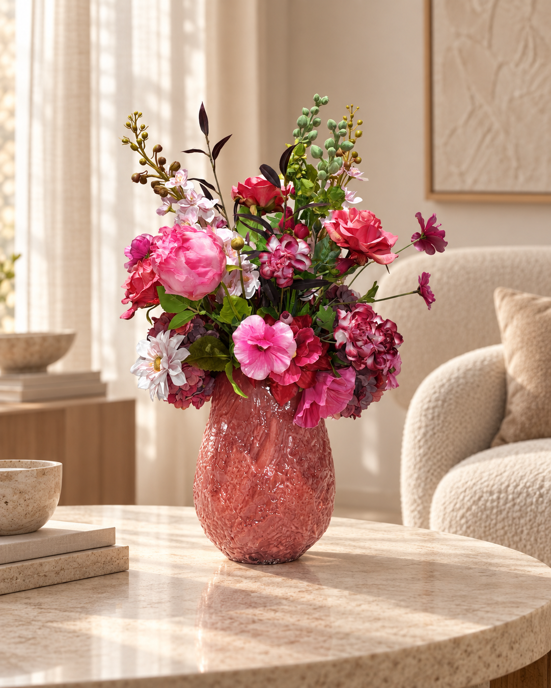 Zijdenboeket Pink Passion inclusief roze vaas in luxe beige interieur